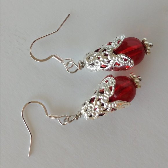 Handmade Red and Silver Filigree Beaded Earrings On Silver Tone Fishhooks 1.75in - Picture 14 of 14